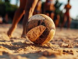 Group of friends engaging in beach volleyball while enjoying a sunny day at the shore photo