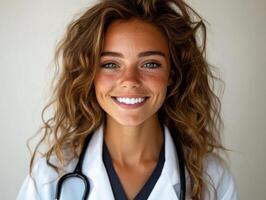 Smiling healthcare professional in a white coat and stethoscope with beautiful curly hair photo