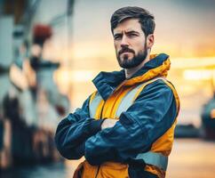 Worker in safety gear stands confidently at a harbor during sunset near moored vessels photo