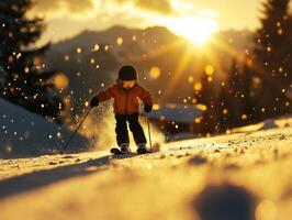 Child skiing on a snowy slope at sunset with sparkling snowflakes flying in the air photo