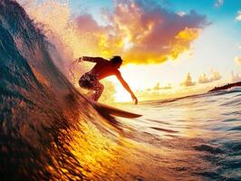 Surfer riding a vibrant wave at sunset in a tropical location photo