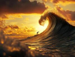 Surfer rides an impressive wave during sunset at a coastal beach photo