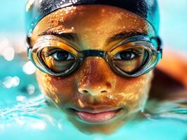 Young swimmer focused on mastering technique while training in a bright blue pool during sunny afternoon photo