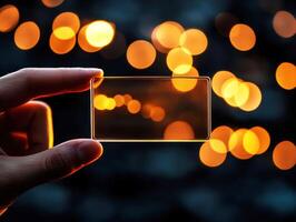 Capturing light through a transparent card with a backdrop of glowing bokeh lights at night photo
