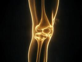 Visualization of a human knee joint highlighting ligaments and cartilage in a golden hue photo