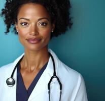 Confident healthcare professional poses for portrait in medical setting with stethoscope around neck photo