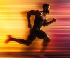 Dynamic runner in motion against a colorful blurred background showcasing speed and athleticism photo
