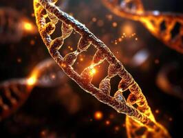 Complex structure of a DNA molecule illuminated with golden light in a scientific abstract background photo