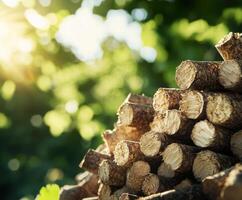 Stack of firewood illuminated by sunlight in a vibrant green forest setting during early evening photo
