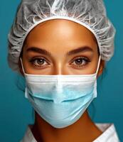Medical professional wears mask and hairnet while focusing on health care during a routine check in a clinical setting photo