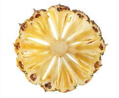 Pineapple cross-section reveals intricate patterns and bright yellow flesh in simple presentation photo