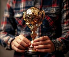 Celebration of achievement as a person holds a golden soccer trophy in a cozy indoor setting photo