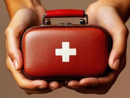 First aid kit held by hands in a neutral setting ready for emergency situations and health needs photo