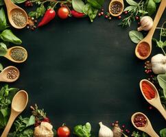Fresh herbs, spices, and vegetables arranged for culinary preparation on dark wooden surface photo