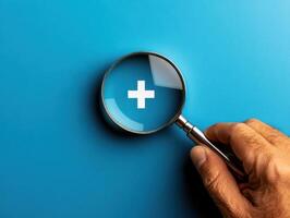 Hand holding magnifying glass over a blue background with a white plus sign enhancing focus on the symbol photo