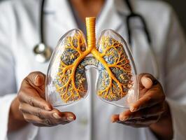 Healthcare professional demonstrates detailed model of human lungs showcasing respiratory system and its components photo