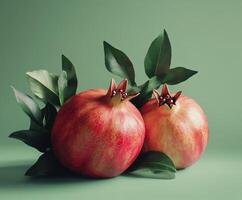 Fresh pomegranates with vibrant red skin and green leaves on a soft background display seasonal fruit harvest photo