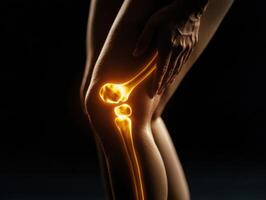 Human knee joint anatomy illustration with glowing effect showcasing ligaments and bones photo