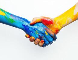Colorful hands shaking symbolize unity and collaboration in art, creativity, and friendship photo