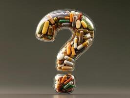 Unique question mark shape filled with various colorful dietary supplements and capsules on a neutral background photo