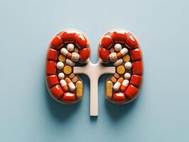 Educational model displays human kidneys surrounded by various colorful pills and capsules for health awareness photo