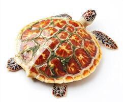 Colorful sea turtle basking in natural light against a white background, showcasing unique shell patterns and features photo
