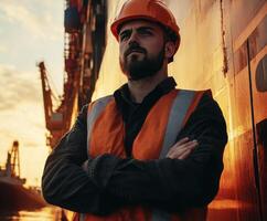 Construction worker stands confidently at sunset near cargo ship in port photo