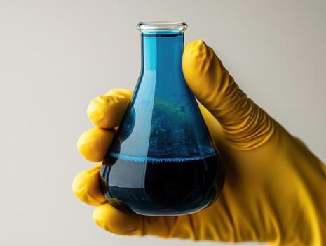 Scientist holds a flask with blue liquid in a laboratory setting during an experiment photo