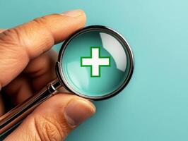 Hand holding magnifying glass with a medical cross symbol over a blue background representing health and wellness photo