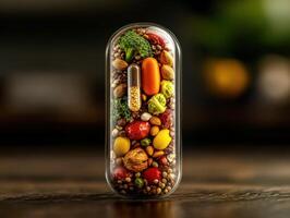 Colorful capsule filled with various vegetables and nuts on wooden surface photo