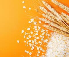 Wheat stalks and oats scattered on a vibrant orange surface creating a rustic and natural arrangement photo