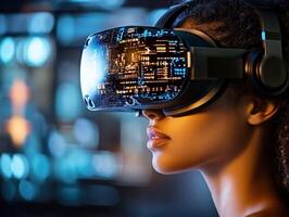 Engaging in virtual reality exploration with advanced headset in a futuristic environment photo