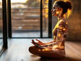 Meditation session with glowing circuit patterns in a serene indoor space during sunset hours photo