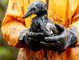 Rescuer holds a soiled bird after an oil spill at the coastal area during the early morning hours of the cleanup operation photo