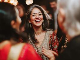 Joyful celebration highlights laughter and connection during a festive gathering at night photo