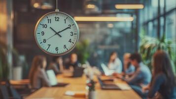 An image focusing on a clock on the wall signifying the importance of time management in leadership surrounded by an active group discussion taking place in the background photo