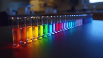 Test tubes containing colorful liquid materials lined up on a counter awaiting experimental analysis for a new line of biodegradable products photo