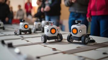 A series of small robots navigating an obstacle course in a training lab with trainees eagerly evaluating the efficacy of their instructions and adjustments photo