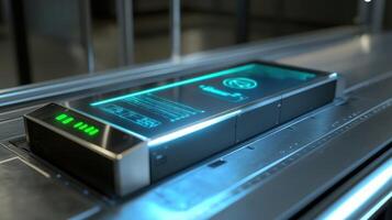 A compact edge computing solution resting on the control panel of a packaging machine with touchsensitive screens displaying operational metrics as the machine functions smoothly photo