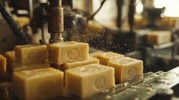 An intricate closeup of olive oil soap bars each stamped with their organic origins set against the backdrop of earthy manufacturing tools and machinery photo