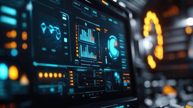 Closeup of a hightech interface that tracks operational metrics through machine learning with colorful alerts and suggestions populating the display against a backdrop of busy factor photo