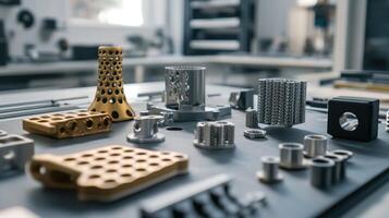 A closeup of various materials used in prototyping including metal plastic and foam arranged in an appealing layout on a work surface demonstrating the range of mediums available fo photo