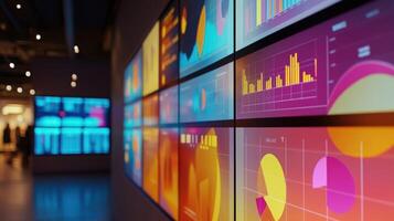 A detailed view of a wallmounted screen illuminated with colorful pie charts and bar graphs analyzing product performance and consumer trends capturing the urgency of adaptive productio photo