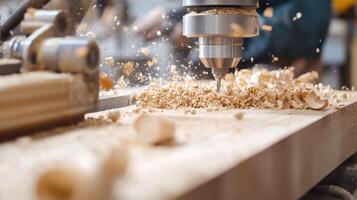 A small enclosed workspace with a worker using a CNC machine chips flying as precision s are made on a piece of wood showcasing craftsmanship and machinery photo