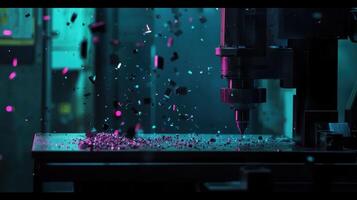 Closeup of a precision CNC machine surrounded by biodegradable and recyclable materials showcasing a streamlined operation that reduces waste and energy consumption photo