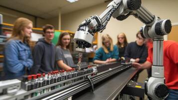 A robotic arm in motion performing a delicate task on a conveyer belt while trainees monitor its operation from various angles photo