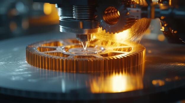 A focused image capturing the intricate details of a 3Dprinted gear being formed highlighting the fine resolution of the print and the energetic hum of the machine in the background photo