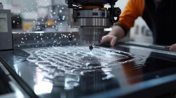 A technician calibrates a machine tool with AR visuals displaying calibration data optimal settings and alignment guides hovering around the machine. The immersive interface aids hi photo