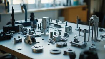 Closeup of a table cluttered with various prototype molds and tools alongside a measuring caliper demonstrating the iterative design process in creating unique products photo