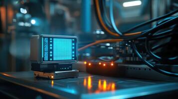 Closeup of an industrial IoT sensor connected to an edge computing device near a factorys robotic assembly line with cables meticulously organized and data streams visible on a smal photo